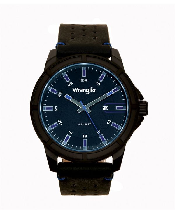 ラングラー メンズ 腕時計 アクセサリー Men s Watch 48MM IP Black Case with Black Dial Blue Index Markers Sand Satin Dial Analog Date Function Blue Second Hand Black Strap with Blue…