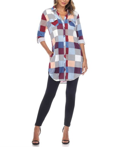 ホワイトマーク レディース シャツ トップス Women's Plaid Tunic Shirt Blue and Burgundy ホワイトマーク レディース シャツ トップス Women's Plaid Tunic Shirt Blue and Burgundy