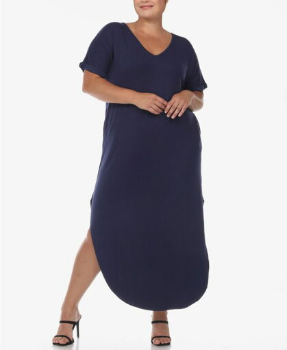 ホワイトマーク レディース ワンピース トップス Plus Size Short Sleeve V-neck Maxi Dress Navy ホワイトマーク レディース ワンピース トップス Plus Size Short Sleeve V-neck Maxi Dress Navy