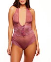 ホーティ レディース ナイトウェア アンダーウェア Women's Halter One Piece Plus Size Floral Dotted Mesh Teddy with Velvet Lace Up Maroon