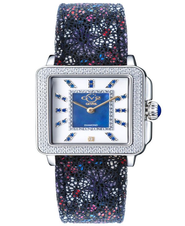 ジェビル レディース 腕時計 アクセサリー Women's Padova Gemstone Floral Swiss Quartz Italian Blue Leather Strap Watch 30mm Silver-Tone