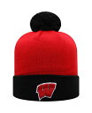 トップオブザワールド メンズ 帽子 アクセサリー Men's Red and Black Wisconsin Badgers Core 2-Tone Cuffed Knit Hat with Pom Red, Black