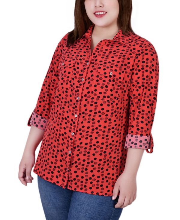 ニューヨークコレクション レディース シャツ トップス Plus Size 3/4 Sleeve Roll Tab Notch Collar Blouse Red Dots Mix