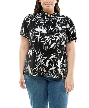 アドリアンヌヴィッタディーニ レディース シャツ トップス Plus Size Short Sleeve Top with Ruffle and Tie at the Neck Abstract Leaves