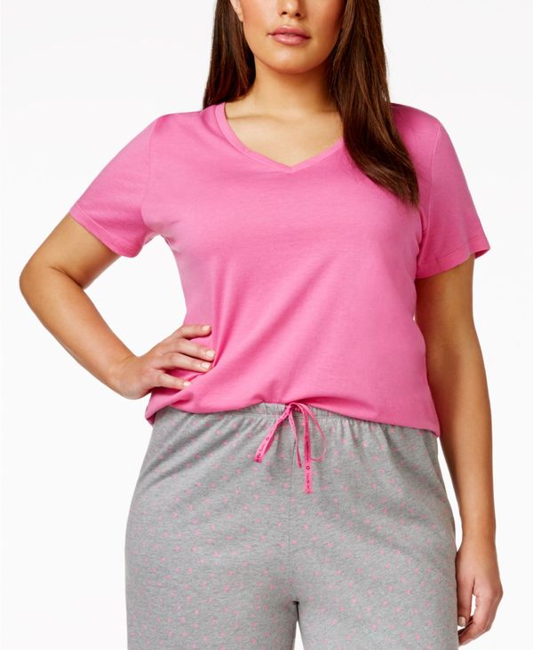 ヒュー レディース ナイトウェア アンダーウェア Plus Size Short Sleeve V-Neck Pajama Top Pink