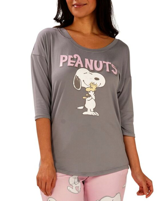 ムンキムンキ レディース Tシャツ トップス Peanuts Snoopy & Woodstock Pajama T-Shirt Grey