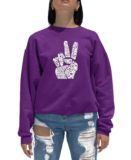 エルエーポップアート レディース シャツ トップス Women's Word Art Crewneck Peace Fingers Sweatshirt Purple エルエーポップアート レディース シャツ トップス Women's Word Art Crewneck Peace Fingers Sweatshirt Purple