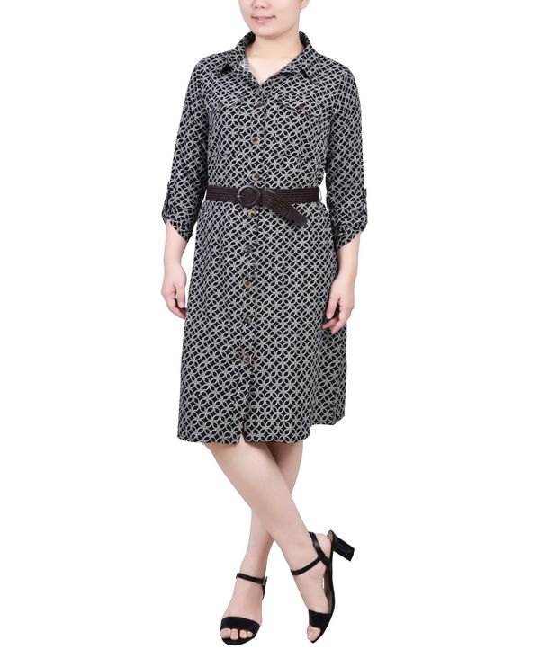 ニューヨークコレクション レディース ワンピース トップス Petite 3/4 Roll Tab Sleeve Shirtdress Black White Rope Iconic