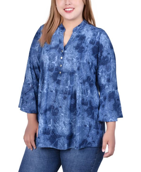 ニューヨークコレクション レディース シャツ トップス Plus Size Pleat Front Y-Neck Top Denim Tie Dye
