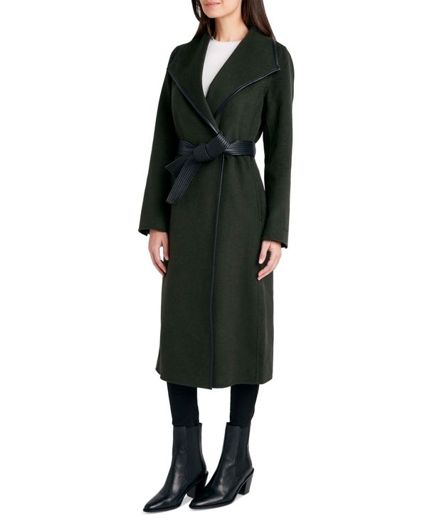 【くすべて】 タハリ レディース ジャケット・ブルゾン アウター Women's Faux-Leather-Trim Belted Wrap Coat Olive:ReVida 店 タハリ