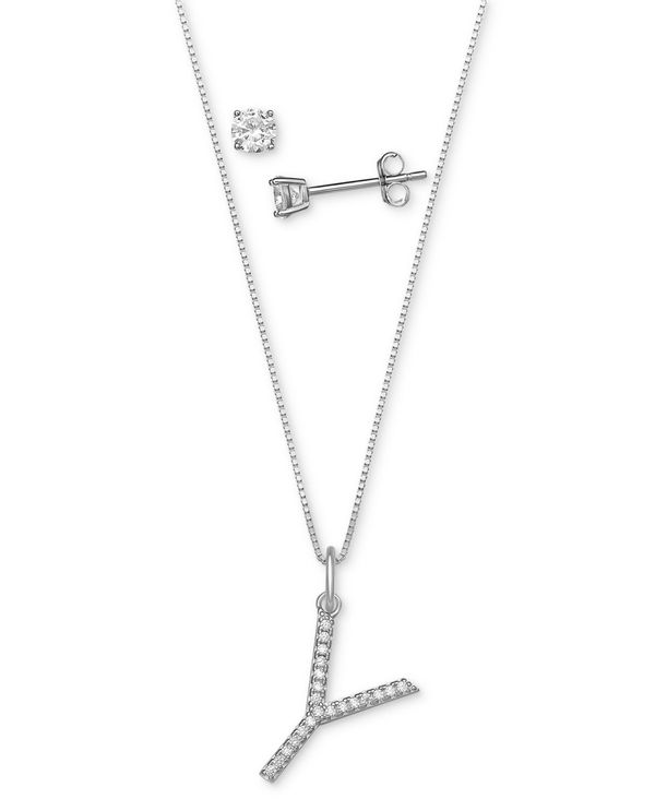 W[j xj[j fB[X lbNXE`[J[Ey_ggbv ANZT[ 2-Pc. Set Cubic Zirconia Initial Pendant Necklace & Solitaire Stud Earrings in Sterling Silver, Created for Macy's Y