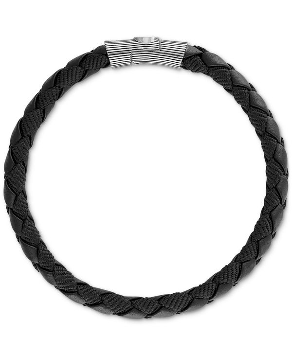 yz GXN@CA Y uXbgEoOEANbg ANZT[ Black Leather Woven Bracelet in Sterling Silver (Also in Brown Leather & Blue Leather), Created for Macy's Black