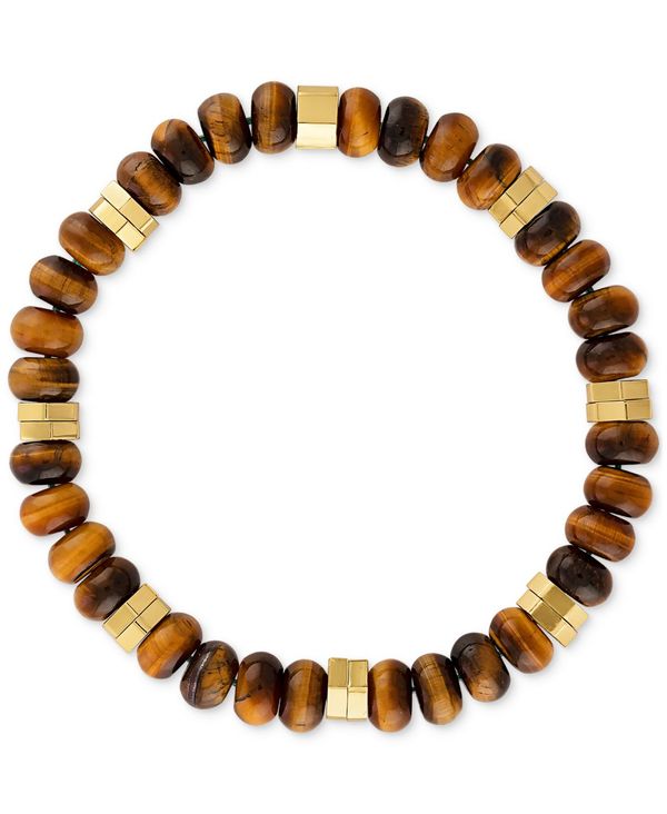 【送料無料】 エスクァイア メンズ ブレスレット・バングル・アンクレット アクセサリー Tiger Eye Bead Stretch Bracelet in 14k Gold-Plated Sterling Silver, Created for Macy's Brown