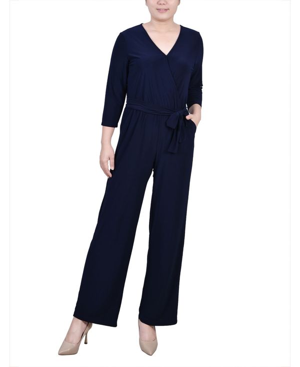ニューヨークコレクション レディース トップス ジャンプスーツ ワイドレッグ プチ NY Collection Petite Short 3/4 Sleeve Belted Wide Leg Jumpsuit Navy ネイビー