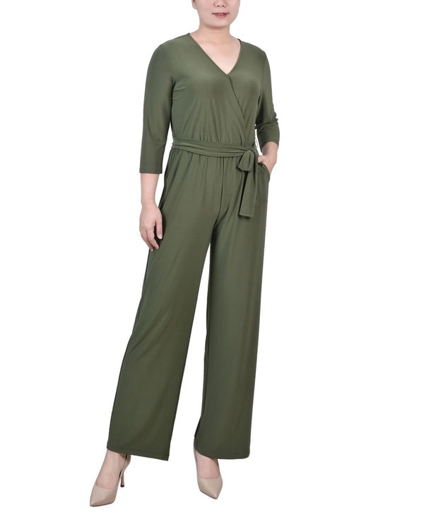 【送料無料】 ニューヨークコレクション レディース ジャンプスーツ トップス Petite 3/4 Sleeve Belted Jumpsuit Oil Green