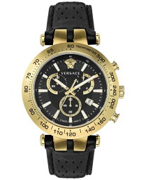 ヴェルサーチェ 腕時計（メンズ） 【送料無料】 ヴェルサーチ メンズ 腕時計 アクセサリー Men's Swiss Chronograph Bold Black Perforated Leather Strap Watch 46mm Ip Yellow Gold