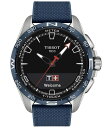 yz eB\bg Y rv ANZT[ Men's Swiss T-Touch Connect Solar Blue Textile & Leather Strap Smart Watch 48mm Blue