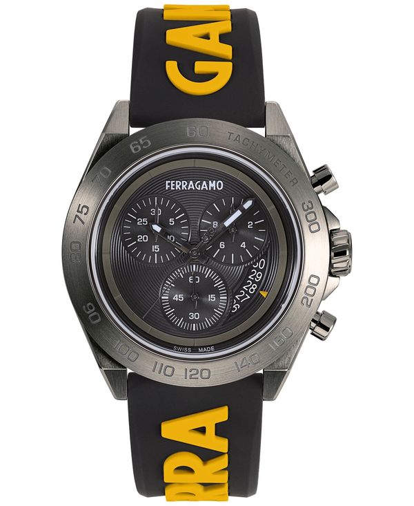 【送料無料】 サルヴァトーレ フェラガモ メンズ 腕時計 アクセサリー Men's Swiss Chronograph Urban Yellow & Black Silicone Strap Watch 43mm Ip Gunmetal