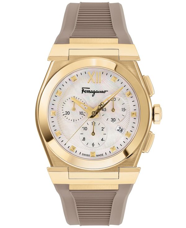 【送料無料】 サルヴァトーレ フェラガモ レディース 腕時計 アクセサリー Women's Swiss Chronograph Vega Beige Silicone Strap Watch 40mm Ip Yellow Gold