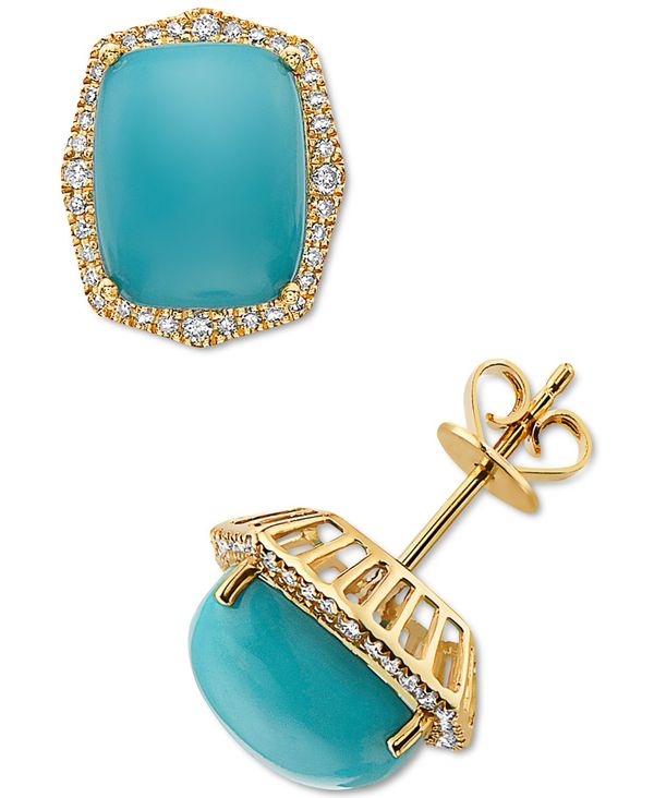 yz GtB[ fB[X sAXECO ANZT[ EFFY&reg; Turquoise (10x8mm) & Diamond (1/4 ct. t.w.) Stud Earrings in 14k Gold 14K Yellow Gold