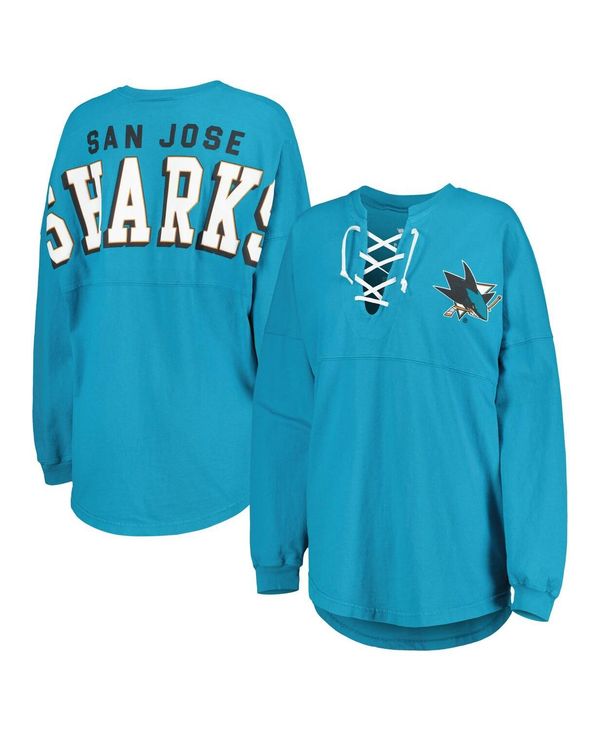 yz t@ieBNX fB[X TVc gbvX Women's Branded Teal San Jose Sharks Spirit Lace-Up V-Neck Long Sleeve Jersey T-shirt Teal