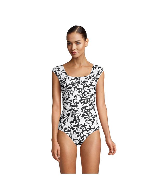 【送料無料】 ランズエンド レディース 上下セット 水着 Women 039 s Long Tummy Control Cap Sleeve X-Back One Piece Swimsuit Black havana floral