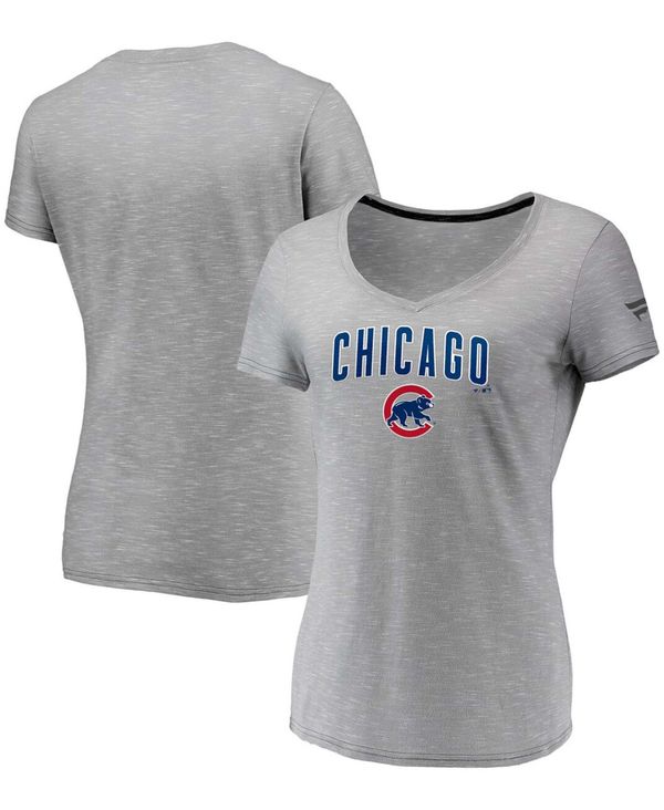 yz t@ieBNX fB[X TVc gbvX Women's Gray Chicago Cubs Wordmark and Logo Space-Dye V-Neck T-shirt Gray