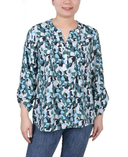 【送料無料】 ニューヨークコレクション レディース シャツ トップス Petite Long Roll Tab Sleeve Pintuck Front Blouse Green Black Geo 【送料無料】 ニューヨークコレクション レディース シャツ トップス Petite Long Roll Tab Sleeve Pintuck Front Blouse Green Black Geo