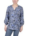 【送料無料】 ニューヨークコレクション レディース シャツ トップス Petite Long Roll Tab Sleeve Pintuck Front Blouse Royal Tropical Leaf(4)