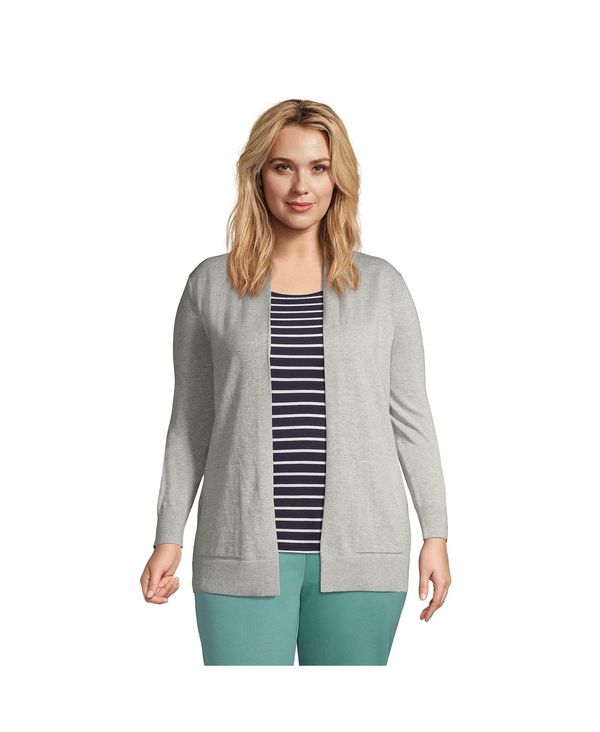 【送料無料】 ランズエンド レディース ニット・セーター アウター Women's Plus Size Cotton Open Long Cardigan Sweater Gray heather