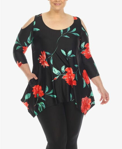 【送料無料】 ホワイトマーク レディース シャツ トップス Plus Size Floral Printed Cold Shoulder Tunic Top Black, Red 【送料無料】 ホワイトマーク レディース シャツ トップス Plus Size Floral Printed Cold Shoulder Tunic Top Black, Red