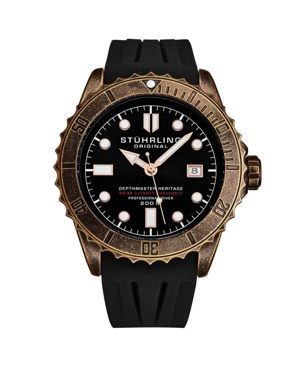 ストゥーリング メンズ アクセサリー 腕時計 Stuhrling Men's Aquadiver Black Rubber Black Dial 44mm Round Watch Black ブラック