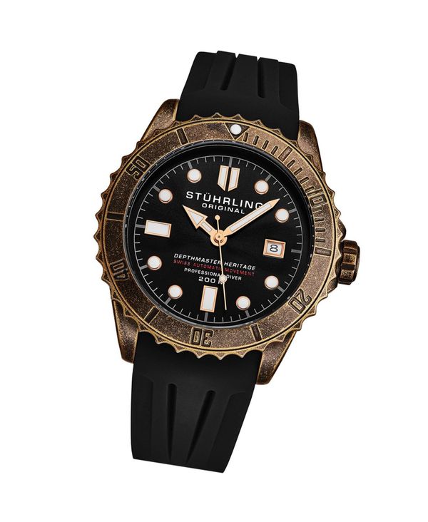 ストゥーリング メンズ アクセサリー 腕時計 Stuhrling Men's Aquadiver Black Rubber Black Dial 44mm Round Watch Black ブラック