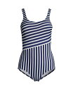 yz YGh fB[X ㉺Zbg  Women's Plus Size Long Tugless One Piece Swimsuit Soft Cup Print Deep sea/white media stripe