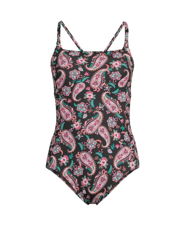 【送料無料】 ランズエンド レディース 上下セット 水着 Women's Plus Size Chlorine Resistant Smocked Square Neck One Piece Swimsuit with Adjustable Straps Black multi paisley floral