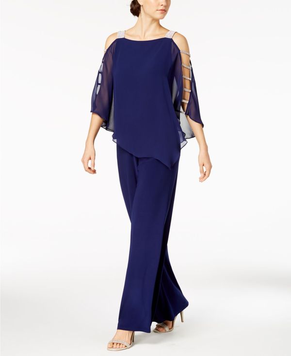 【送料無料】 ミスク レディース ジャンプスーツ トップス Embellished Chiffon-Overlay Jumpsuit Midnight Blue