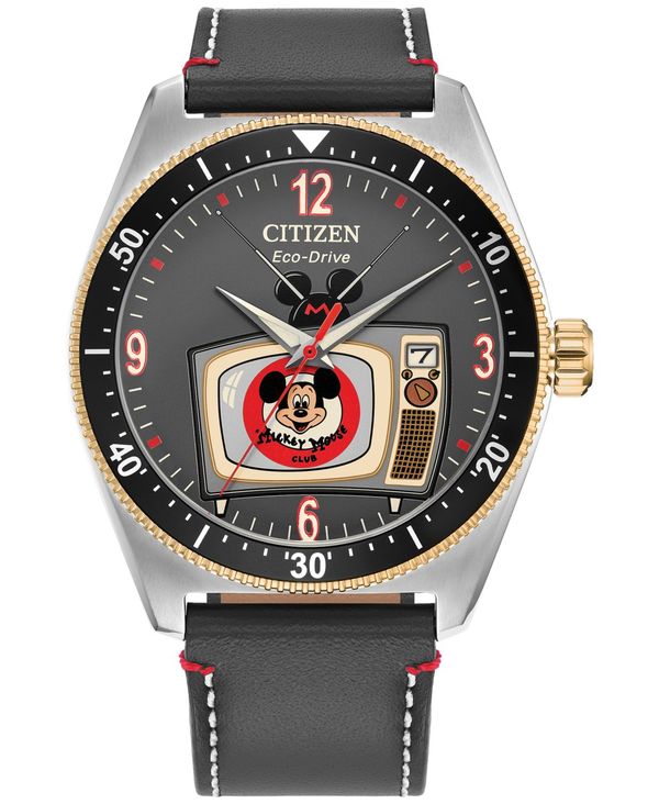 ̵   ӻ ꡼ Eco-Drive Men's Mickey Mouse Club Gray Leather Strap Watch 42mm Box Set Gray