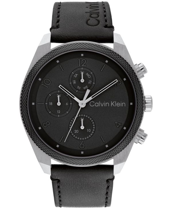 【送料無料】 カルバンクライン メンズ 腕時計 アクセサリー Men's Multifunction Black Leather Strap Watch 44mm Black