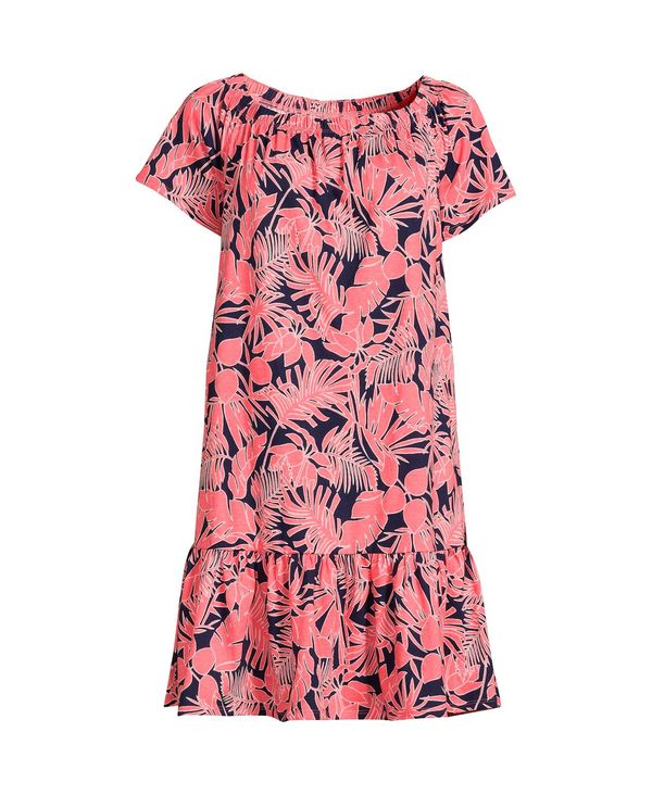 【送料無料】 ランズエンド レディース ワンピース トップス Women's Cotton Jersey Off the Shoulder Ruffle Hem Swim Cover-up Dress Wood lily/navy palm foliage