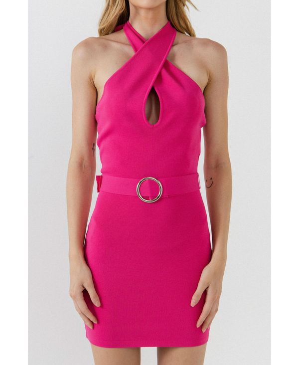 【送料無料】 エンドレスローズ レディース ワンピース トップス Women's Crossed Halter Neck Cut Out Knit Mini Dress Fuchsia