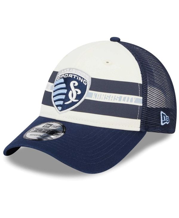 ̵ ˥塼  ˹ ꡼ Men's White, Navy Sporting Kansas City Team Stripes 9FORTY Trucker Snapback Hat White, Navy