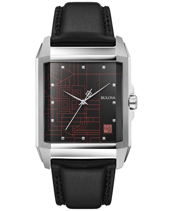 ロイド 腕時計（メンズ） 【送料無料】 ブロバ メンズ 腕時計 アクセサリー Men's Frank Lloyd Wright "December Gifts" Black Leather Strap Watch 35mm Black