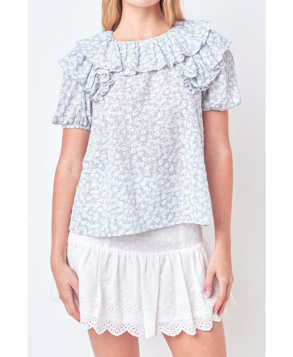 yz t[U[WY fB[X Vc gbvX Women's Floral Print Ruffle Top with Puff Sleeves Blue/white