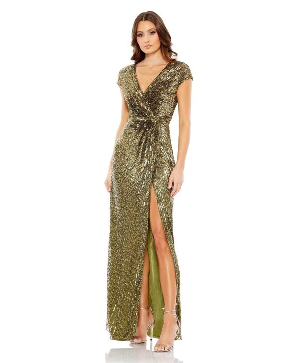 【送料無料】 マックダガル レディース ワンピース トップス Women's Sequined Faux Wrap Cap Sleeve Gown Olive