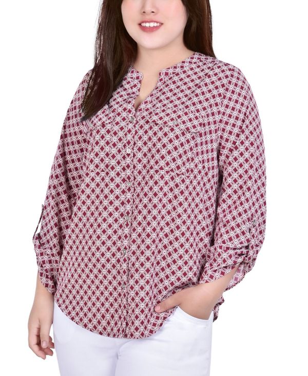 【送料無料】 ニューヨークコレクション レディース シャツ トップス Plus Size 3/4 Sleeve Roll Tab Y Neck Blouse Rodedendrum, White New Iconic