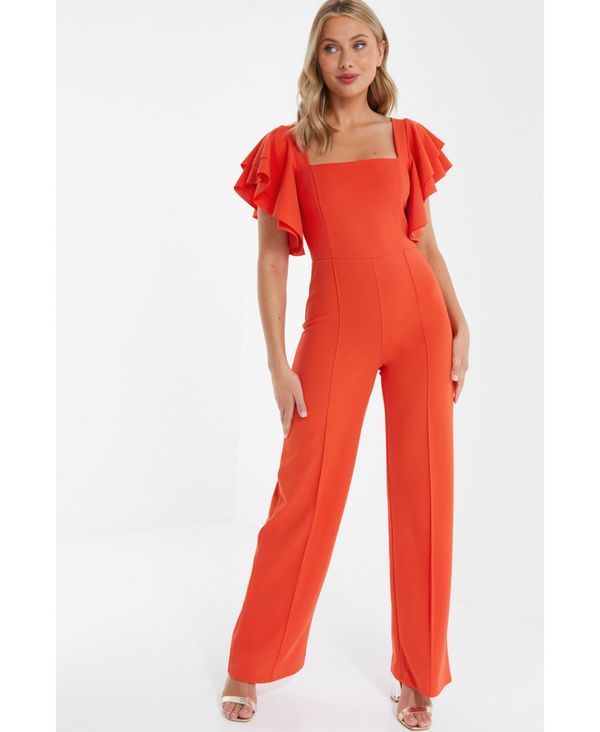 【送料無料】 クイズ レディース ジャンプスーツ トップス Women's Square Neck Frill Palazzo Jumpsuit Orange