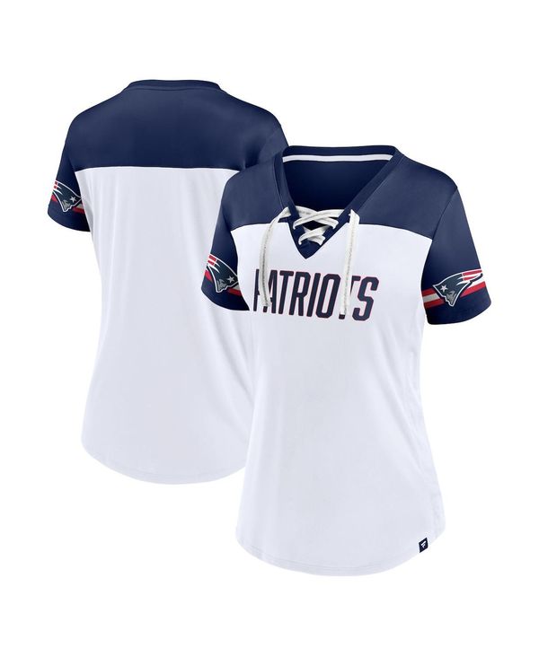 yz t@ieBNX fB[X TVc gbvX Women's Branded White New England Patriots Dueling Slant V-Neck Lace-Up T-shirt White