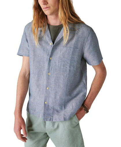 【送料無料】 ラッキーブランド メンズ シャツ トップス Men's Stripe Linen Short Sleeve Camp Collar Shirt Blue Stripe 【送料無料】 ラッキーブランド メンズ シャツ トップス Men's Stripe Linen Short Sleeve Camp Collar Shirt Blue Stripe