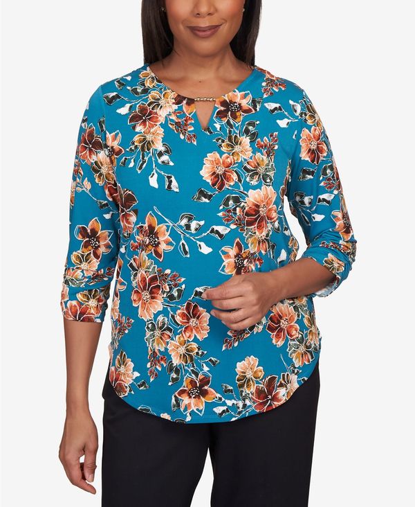 yz Atbh _i[ fB[X Vc gbvX Petite Classics Tossed Floral Shirttail Hem Top Teal