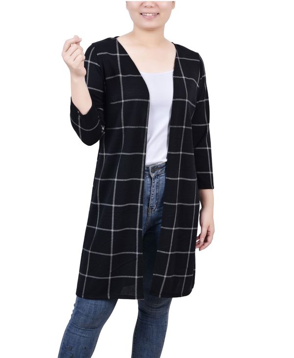 【送料無料】 ニューヨークコレクション レディース ニット・セーター カーディガン アウター Women's 3/4 Sleeve Knit Cardigan Black White Plaid